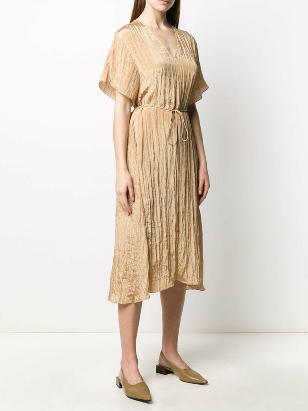 Vince Sun Khaki Midi Dress Tie Waist V Neck Minimalist Size L